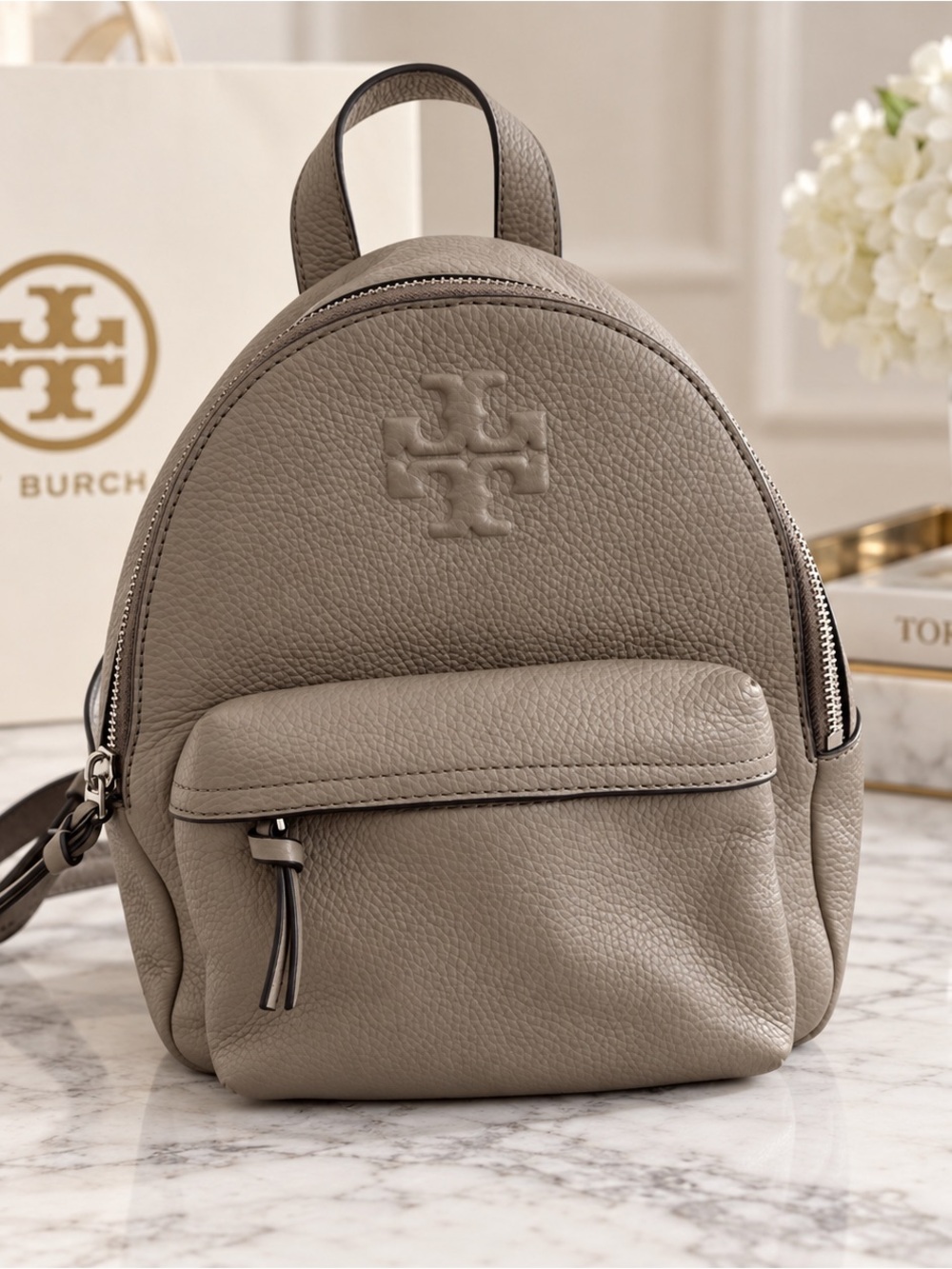 Tory Burch Pebbled Leather Mini Backpack in Taupe